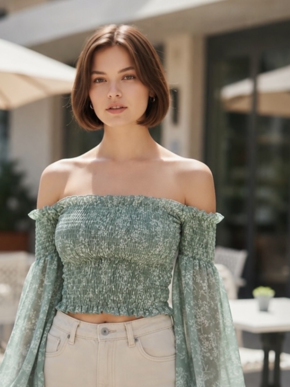 Windsor Sage Green Floral Smocked Off Shoulder Crop Top M Cottagecore Boho